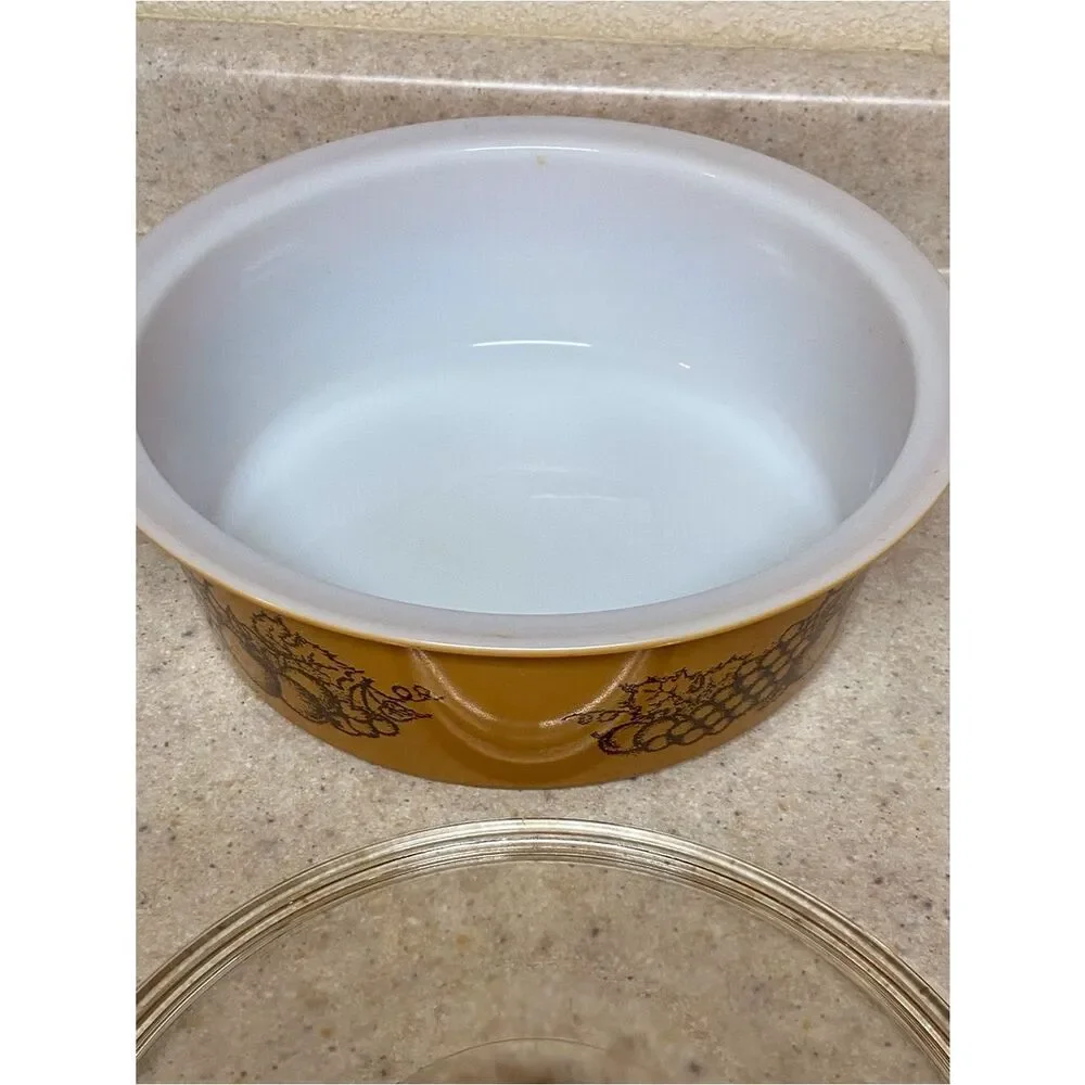 VTG,Corningware Yellow Casserole with Harvest Fruit Motif and Glass Lid